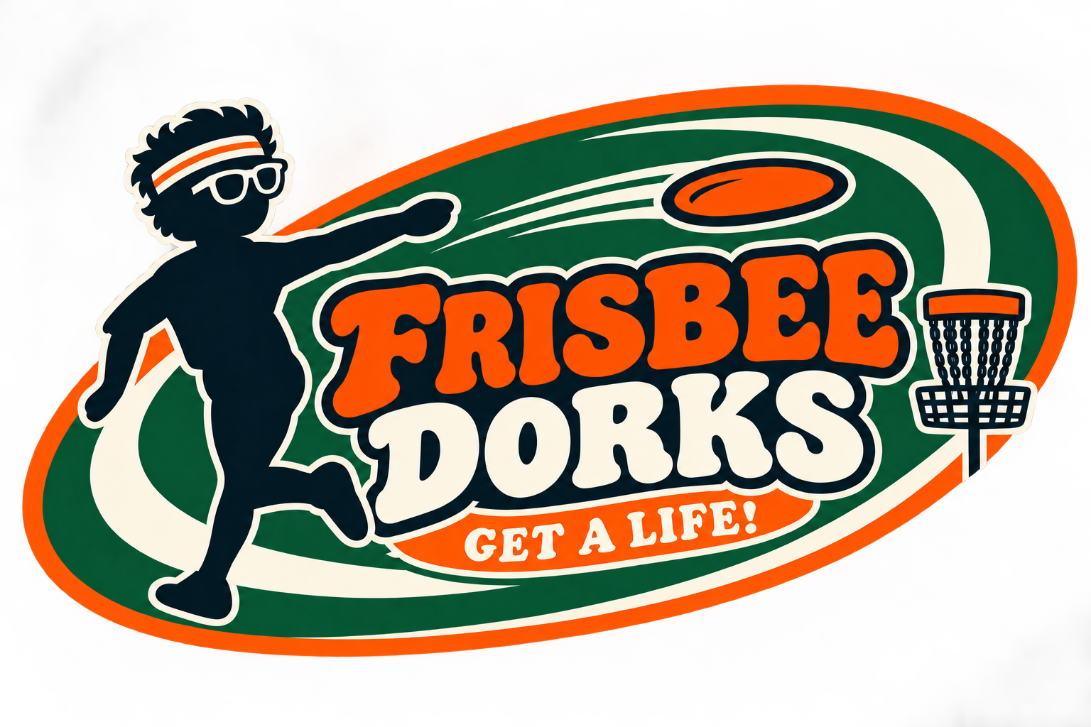 Frisbee Dorks mascot throwing a disc with the Get a Life tagline